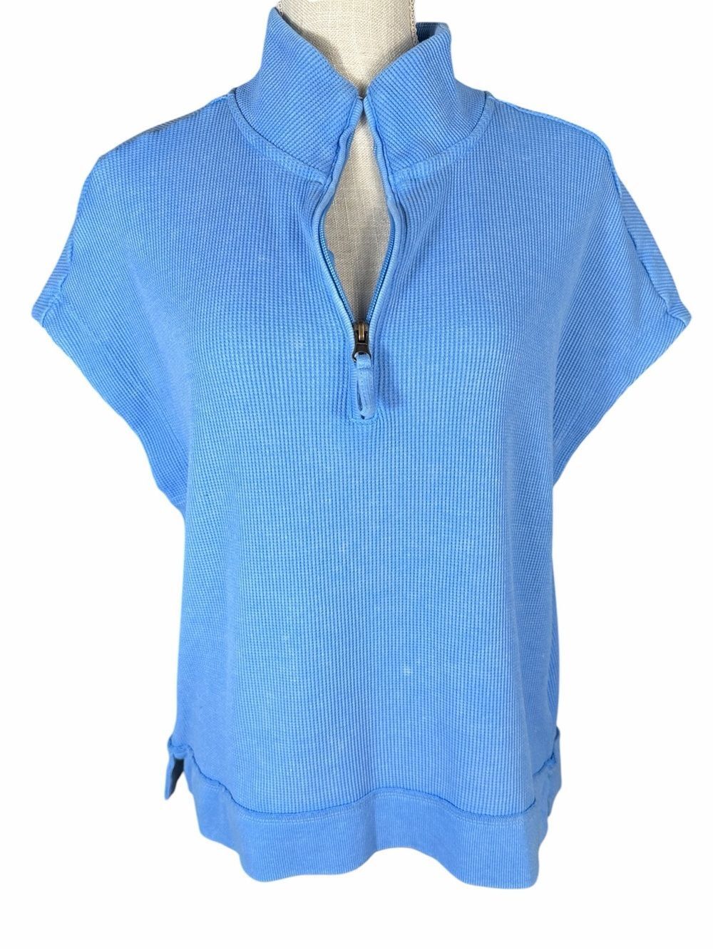 SUNDRY Sunnyside Womens Blue Distressed Waffle Knit Quarter-Zip Cap Sleeve Top